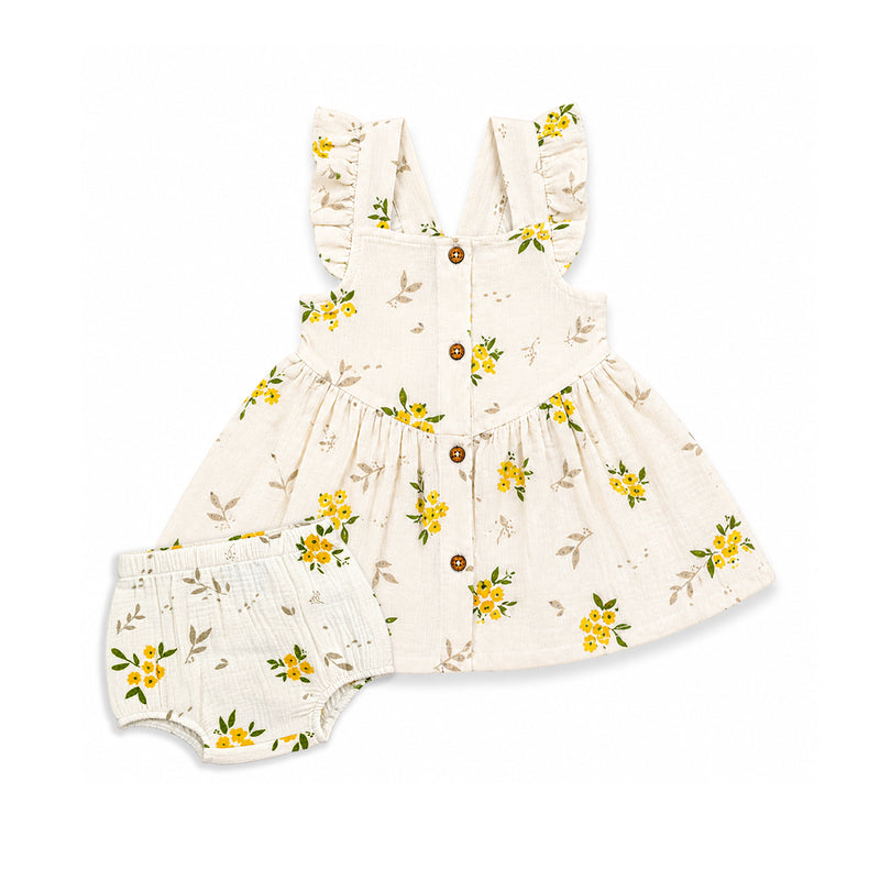 Bamoki™ Organic Cotton Baby Girl Floral Frock & Bloomer Set – GOTS Certified Summer Dress for Infants | Yellow Flower Print