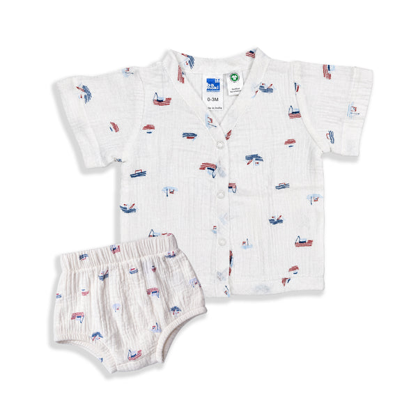 Bamoki™ Organic Cotton Baby Romper (Jhabla) – GOTS Certified Newborn Summer Wear for Boys & Girls | Sailing Boat Print
