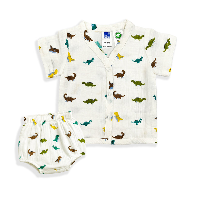 Bamoki™ Organic Cotton Baby Romper (Jhabla) – GOTS Certified Newborn Summer Wear for Boys & Girls | Dinosaur Print