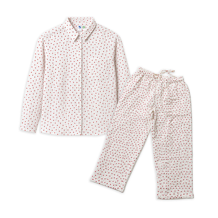 Bamoki™ Women’s Organic Cotton Heart Print Pajama Set – GOTS Certified Sleepwear & Loungewear for Women | White & Cherry Red