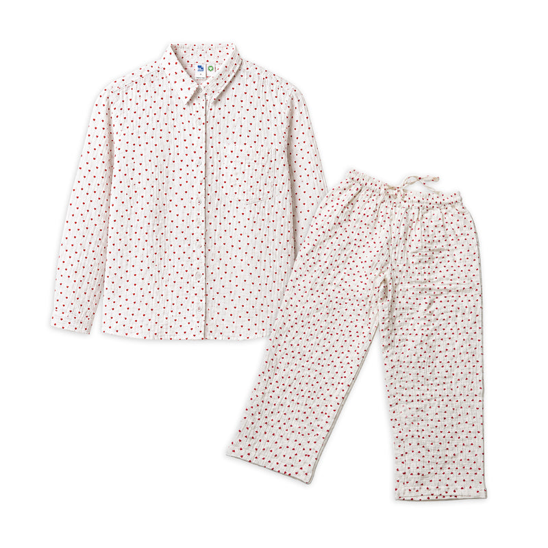 Bamoki™ Women’s Organic Cotton Heart Print Pajama Set – GOTS Certified Sleepwear & Loungewear for Women | White & Cherry Red