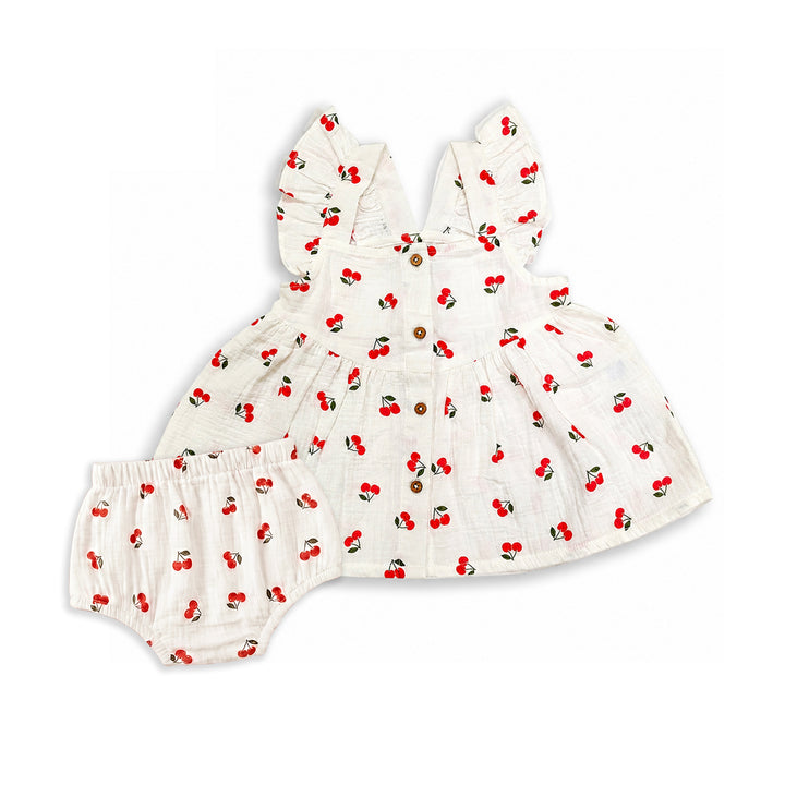 Bamoki™ Organic Cotton Baby Girl Cherry Print Frock & Bloomer Set – GOTS Certified Summer Dress with Flutter Sleeves