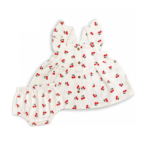 Bamoki™ Organic Cotton Baby Girl Cherry Print Frock & Bloomer Set – GOTS Certified Summer Dress with Flutter Sleeves