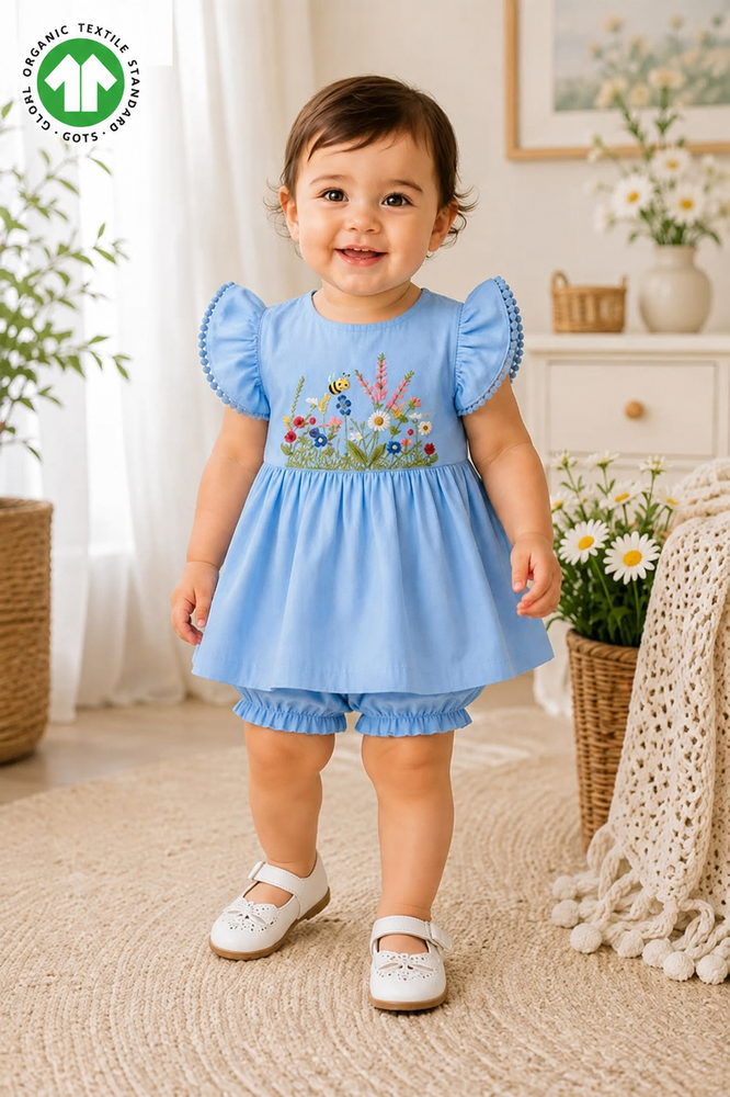 Bamoki™ GOTS-Certified Dutch Canal Floral Jungle Embroidered Frock & Bloomer Set for Baby Girls