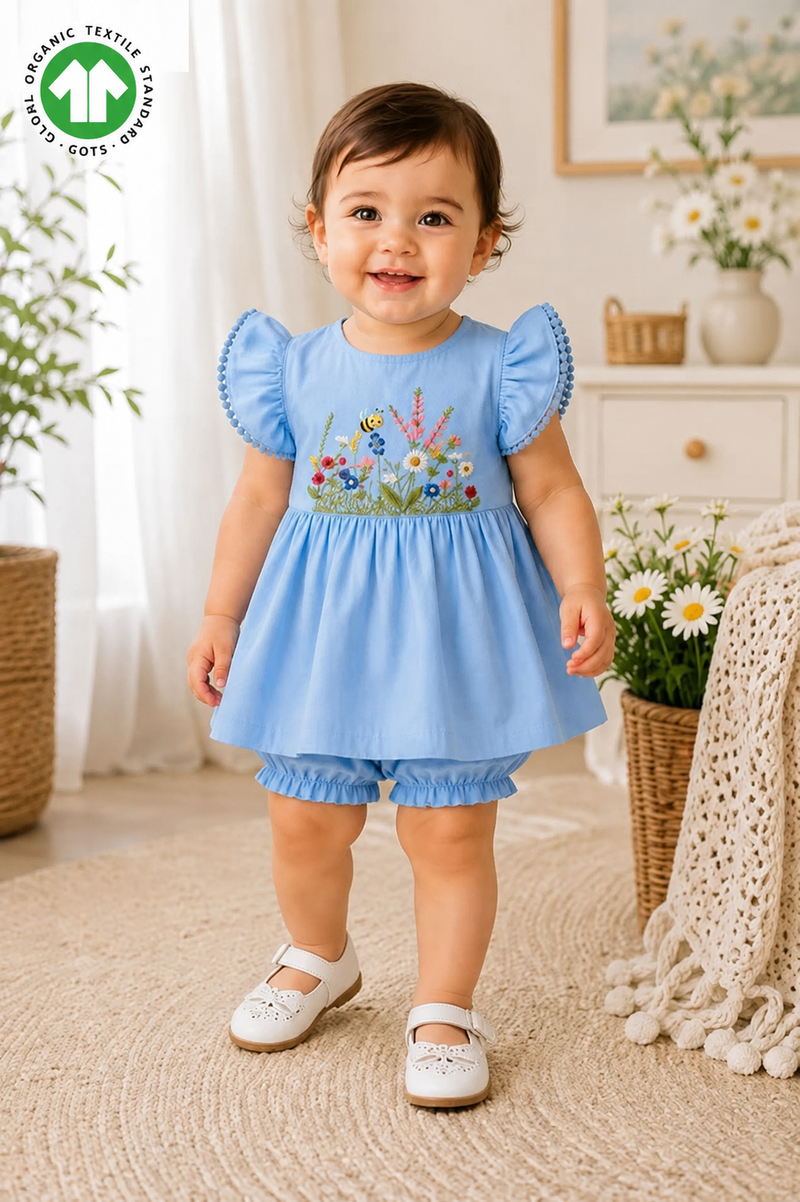 Bamoki™ GOTS-Certified Dutch Canal Floral Jungle Embroidered Frock & Bloomer Set for Baby Girls