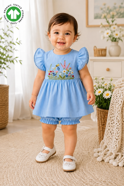 Bamoki™ GOTS-Certified Dutch Canal Floral Jungle Embroidered Frock & Bloomer Set for Baby Girls