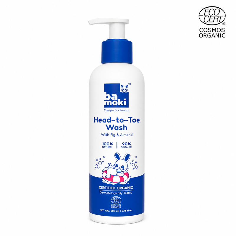 Bamoki™ Head-to-Toe Baby Wash with Fig & Almond | 100% Natural, 90.16% Organic, Tear-Free Gentle Cleanser, 200ml