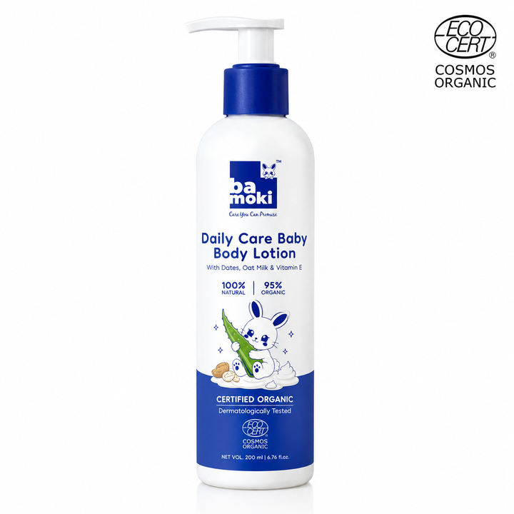 Bamoki™ Daily Care Baby Body Lotion with Dates, Oat Milk & Vitamin E | 100% Natural, 95% Organic, 24-Hour Hydration, pH 5.5, 200ml