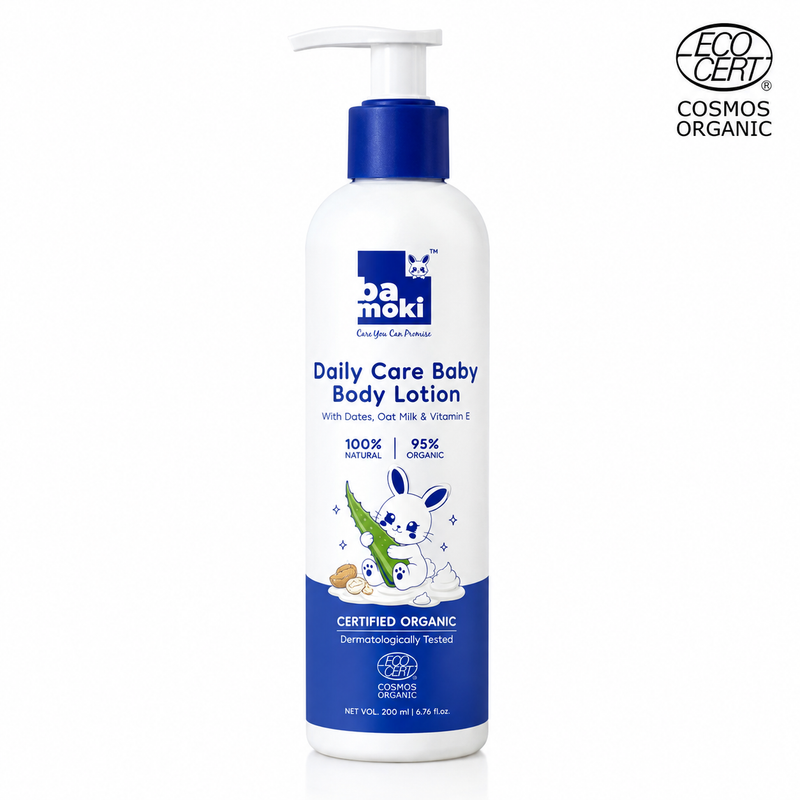 Bamoki™ Daily Care Baby Body Lotion with Dates, Oat Milk & Vitamin E | 100% Natural, 95% Organic, 24-Hour Hydration, pH 5.5, 200ml