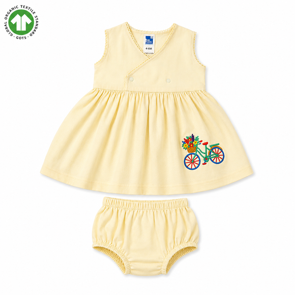 Bamoki™ White Asparagus Floral Bicycle Embroidered Organic Cotton Baby Frock & Bloomer Set | GOTS Certified