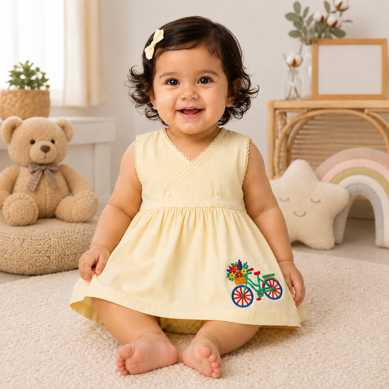 Bamoki™ White Asparagus Floral Bicycle Embroidered Organic Cotton Baby Frock & Bloomer Set | GOTS Certified