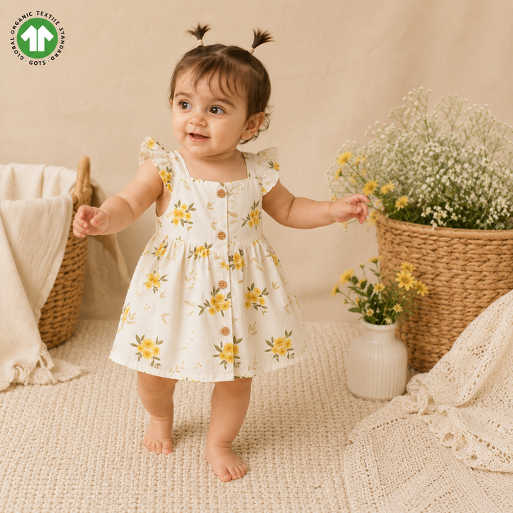 Baby Girl Wearing Organic Cotton Yellow Floral Dress in Natural Lifestyle Setting
