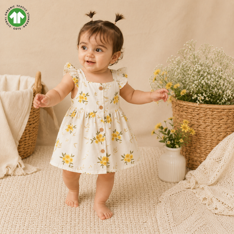 Baby Girl Wearing Organic Cotton Yellow Floral Dress in Natural Lifestyle Setting