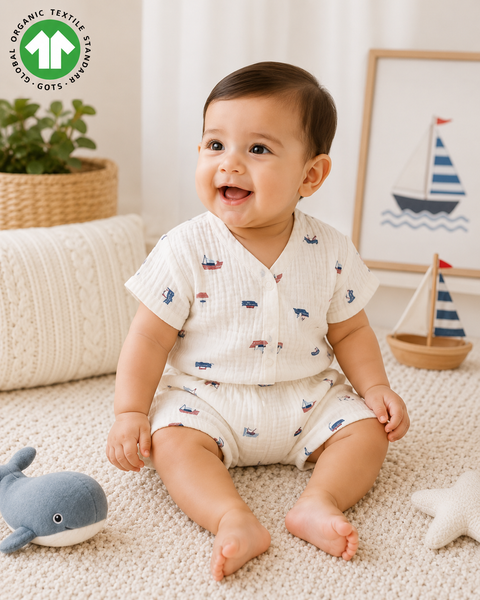 Bamoki™ Organic Cotton Baby Romper (Jhabla) – GOTS Certified Newborn Summer Wear for Boys & Girls | Sailing Boat Print