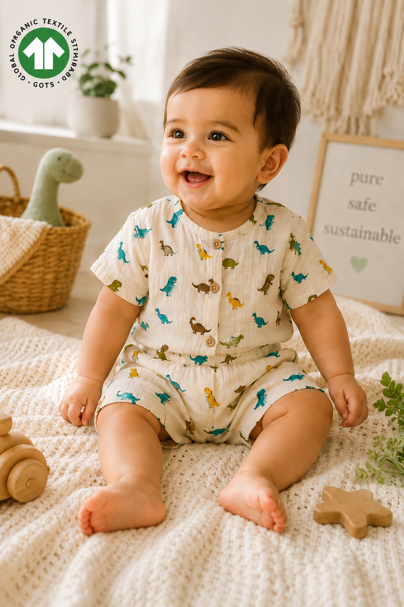 Bamoki™ Organic Cotton Baby Romper (Jhabla) – GOTS Certified Newborn Summer Wear for Boys & Girls | Dinosaur Print