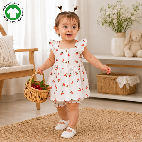 Bamoki™ Organic Cotton Baby Girl Cherry Print Frock & Bloomer Set – GOTS Certified Summer Dress with Flutter Sleeves